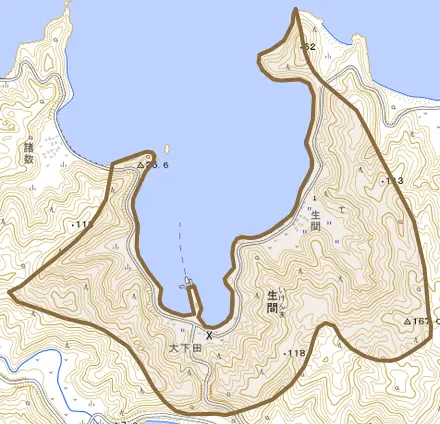 大字生間とその周辺の地図。町の範囲を重ねている