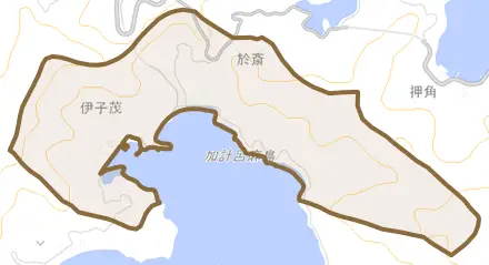 大字伊子茂とその周辺の地図。町の範囲を重ねている