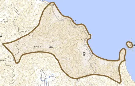 大字伊須とその周辺の地図。町の範囲を重ねている