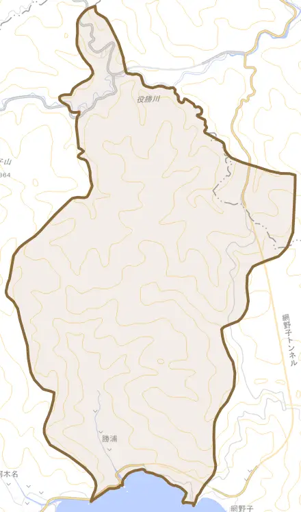 大字勝浦とその周辺の地図。町の範囲を重ねている