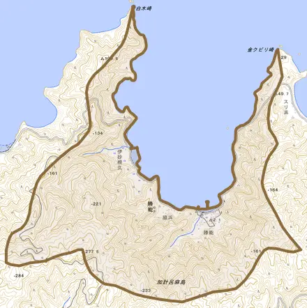 大字勝能とその周辺の地図。町の範囲を重ねている