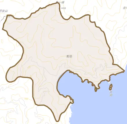 大字嘉徳とその周辺の地図。町の範囲を重ねている