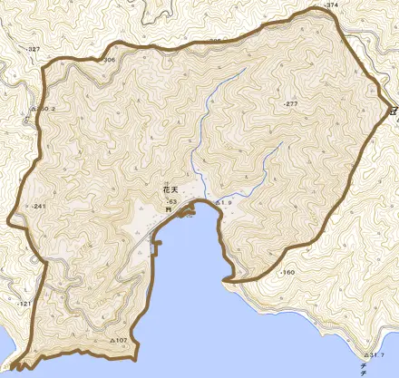 大字花天とその周辺の地図。町の範囲を重ねている