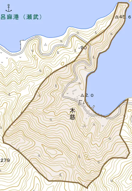 大字木慈とその周辺の地図。町の範囲を重ねている
