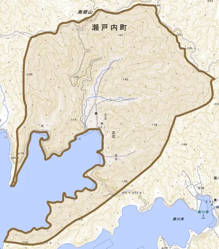 大字古志とその周辺の地図。町の範囲を重ねている