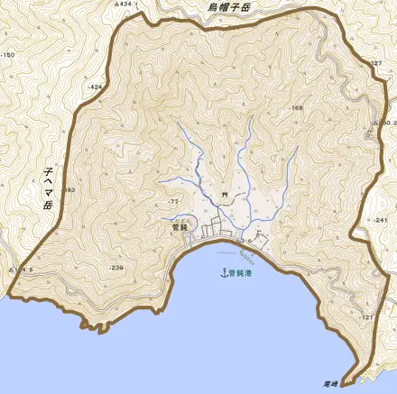 大字管鈍とその周辺の地図。町の範囲を重ねている