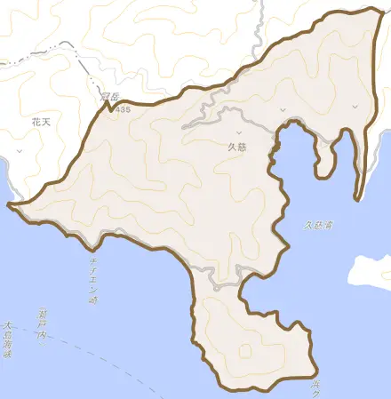 大字久慈とその周辺の地図。町の範囲を重ねている