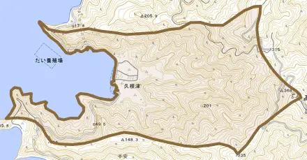 大字久根津とその周辺の地図。町の範囲を重ねている