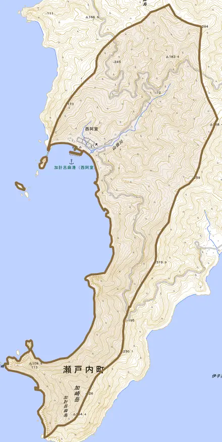 大字西阿室とその周辺の地図。町の範囲を重ねている