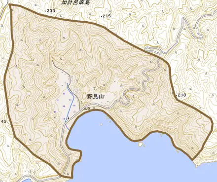 大字野見山とその周辺の地図。町の範囲を重ねている