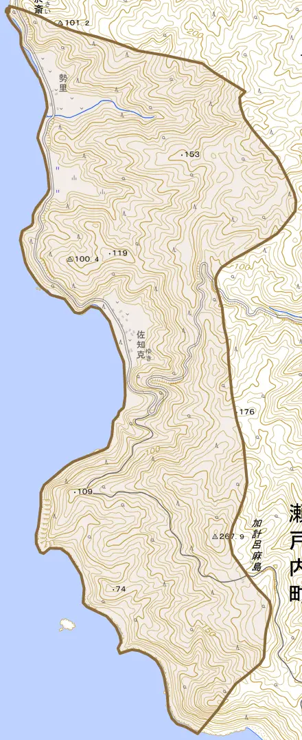 大字於斉とその周辺の地図。町の範囲を重ねている