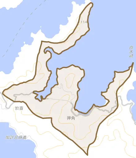 大字押角とその周辺の地図。町の範囲を重ねている