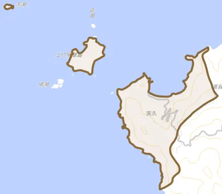 大字実久とその周辺の地図。町の範囲を重ねている