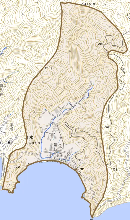 大字清水とその周辺の地図。町の範囲を重ねている