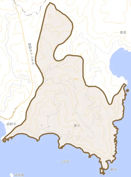 大字節子とその周辺の地図。町の範囲を重ねている