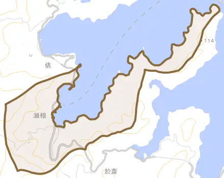 大字瀬相とその周辺の地図。町の範囲を重ねている