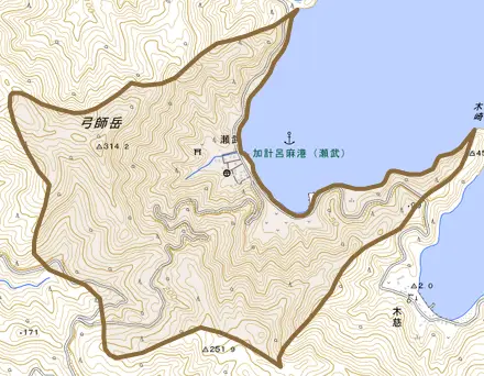 大字瀬武とその周辺の地図。町の範囲を重ねている