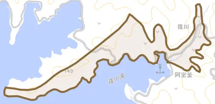 大字篠川とその周辺の地図。町の範囲を重ねている