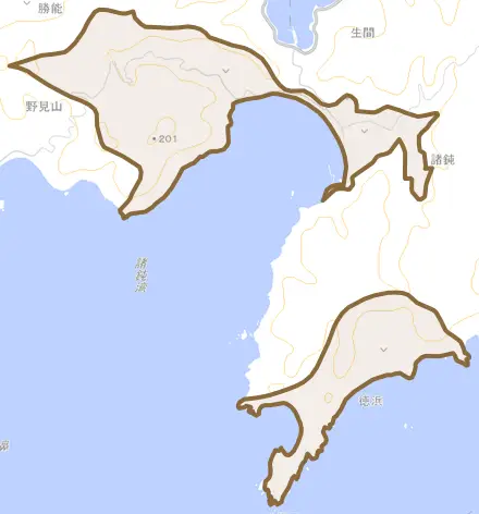 大字諸鈍とその周辺の地図。町の範囲を重ねている