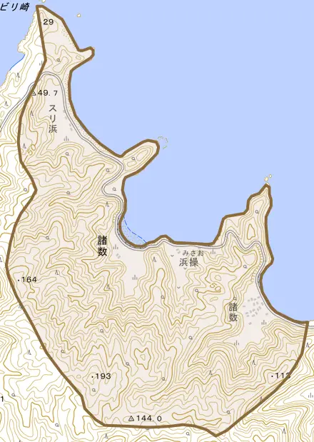 大字諸数とその周辺の地図。町の範囲を重ねている
