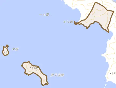 大字須子茂とその周辺の地図。町の範囲を重ねている