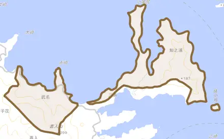 大字武名とその周辺の地図。町の範囲を重ねている