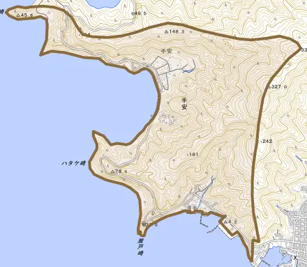 大字手安とその周辺の地図。町の範囲を重ねている