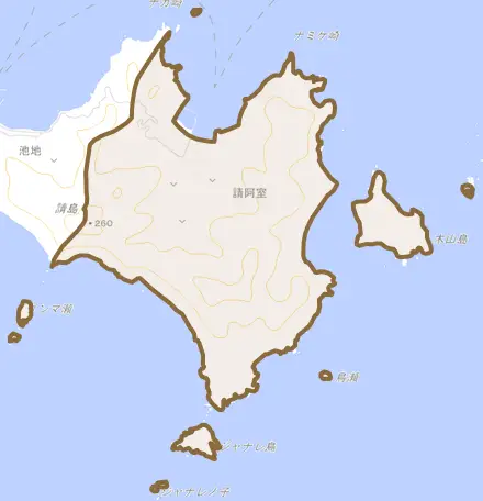 大字請阿室とその周辺の地図。町の範囲を重ねている