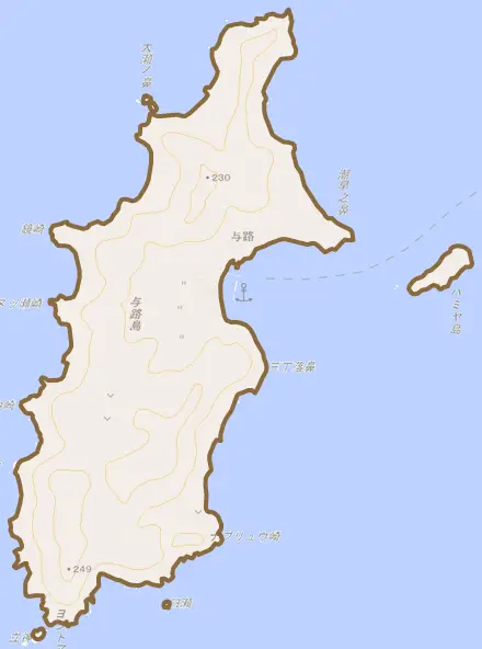 大字与路とその周辺の地図。町の範囲を重ねている