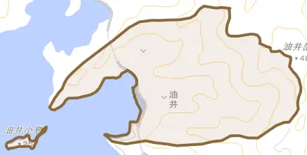 大字油井とその周辺の地図。町の範囲を重ねている