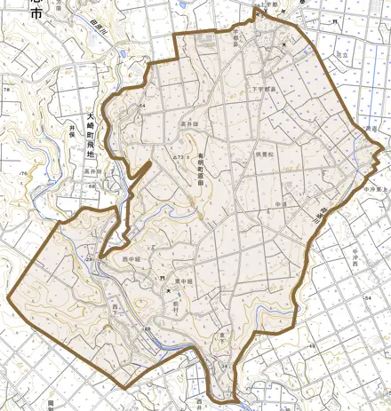 有明町原田とその周辺の地図。町の範囲を重ねている