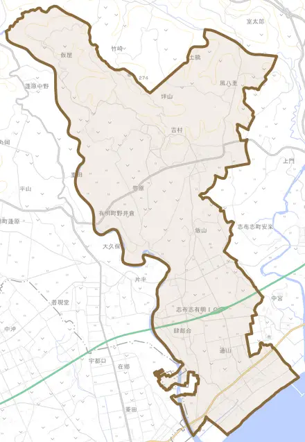 有明町野井倉とその周辺の地図。町の範囲を重ねている