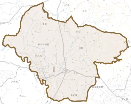 松山町新橋とその周辺の地図。町の範囲を重ねている
