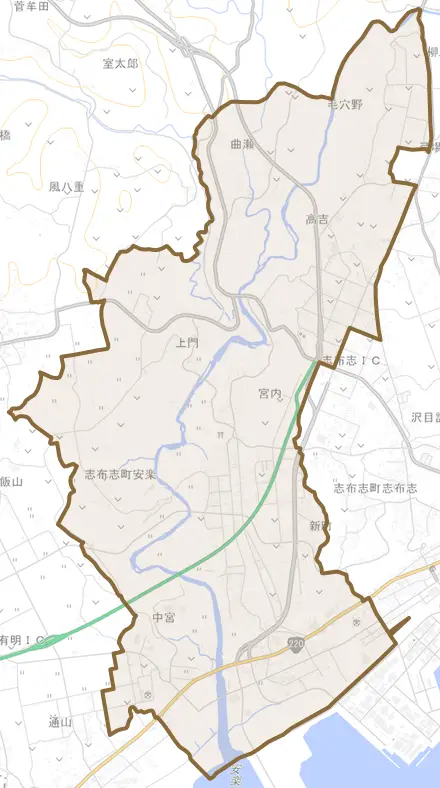 志布志町安楽とその周辺の地図。町の範囲を重ねている