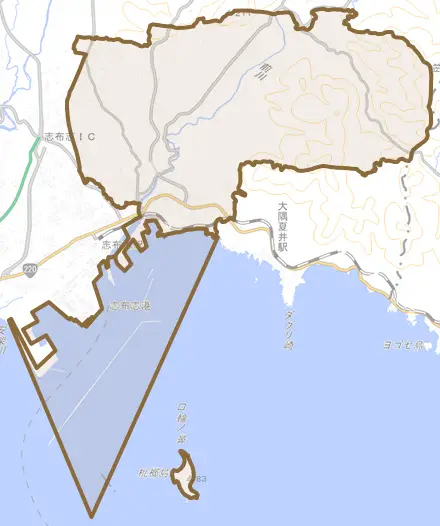 志布志町帖とその周辺の地図。町の範囲を重ねている