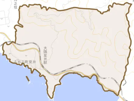 志布志町夏井とその周辺の地図。町の範囲を重ねている