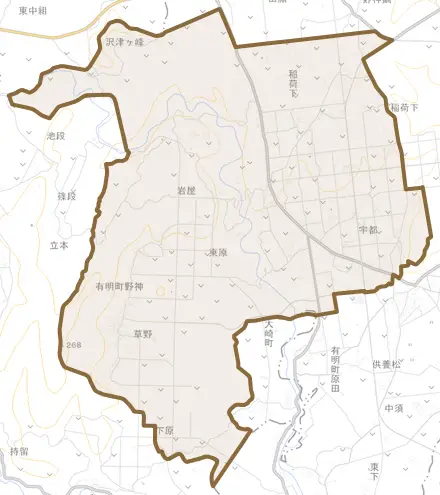 有明町野神とその周辺の地図。町の範囲を重ねている