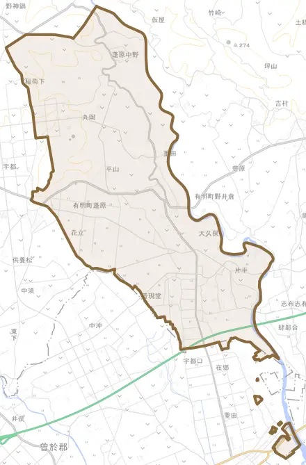 有明町蓬原とその周辺の地図。町の範囲を重ねている