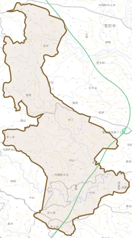 大隅町中之内とその周辺の地図。町の範囲を重ねている