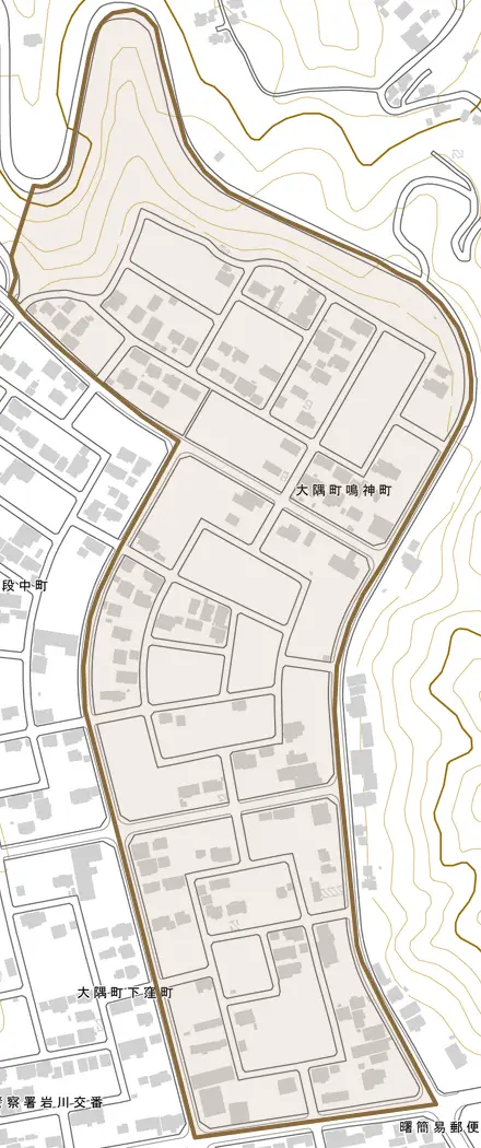 大隅町鳴神町とその周辺の地図。町の範囲を重ねている