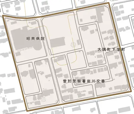大隅町下窪町とその周辺の地図。町の範囲を重ねている