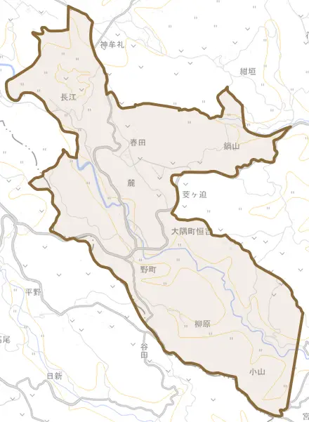 大隅町恒吉とその周辺の地図。町の範囲を重ねている
