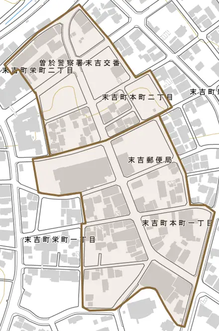 末吉町本町とその周辺の地図。町の範囲を重ねている