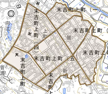 末吉町上町とその周辺の地図。町の範囲を重ねている