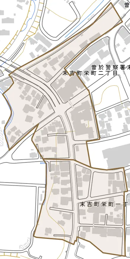 末吉町栄町とその周辺の地図。町の範囲を重ねている