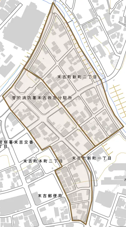 末吉町新町とその周辺の地図。町の範囲を重ねている