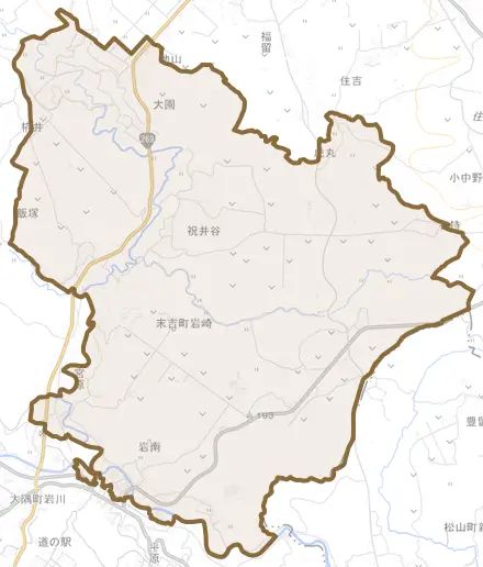末吉町岩﨑とその周辺の地図。町の範囲を重ねている