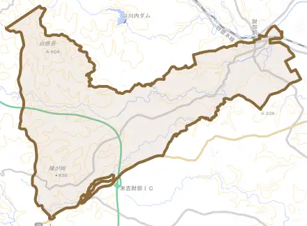 財部町南俣とその周辺の地図。町の範囲を重ねている