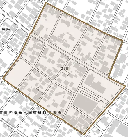 旭町とその周辺の地図。町の範囲を重ねている