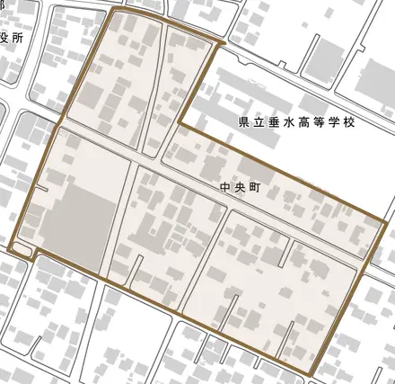 中央町とその周辺の地図。町の範囲を重ねている
